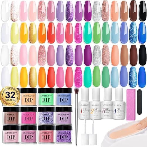AZUREBEAUTY 42Pcs Dip Powder Nail Kit Starter, 32 Colors Spring Rainbow Bright Pink Red Green Acrylic Dipping Powder Set with Top/Base Coat Activator for French Art Manicure DIY Salon Gift - Image 1