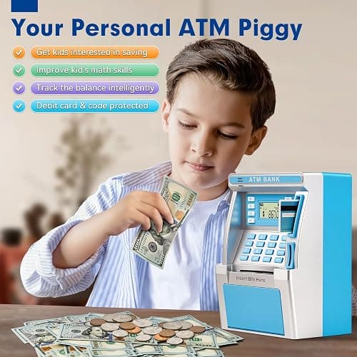 Blue Piggy Bank for Kids, ATM Machine Bank for Real Money with Debit Card, Bill Feeder, Coin Recognition, Balance Calculator, Electronic Savings Safe Box, Gifts for Teen Boy Girl thumbnail 5