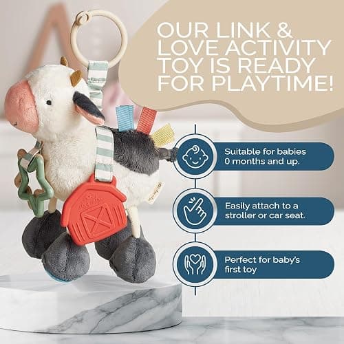 Itzy Ritzy Link & Love Toy for Stroller or Car Seat – Features Textured Ribbons, Crinkle Sounds, Clinking Rings & Silicone Teether – Designed for Ages 0 Months and Up (Cow) thumbnail 5