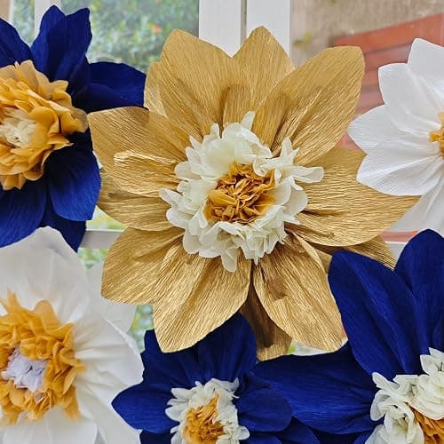 Mybbshower Crepe Paper Flower for Wall Paper Pom Pom Decor Girls Birthday Party Backdrop Baby Shower Nursery Decoration Pack of 9 (Navy Blue Gold) thumbnail 7