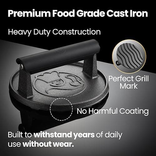 Smash Burger Press for Griddle, 2 lb Heavy Duty Burger Smasher Tool with Heat-Resistant Handle, Premium Cast Iron Bacon & Sandwich Maker, Hamburger Press for BBQ Grilling Accessories, 5-Year Warranty thumbnail 5