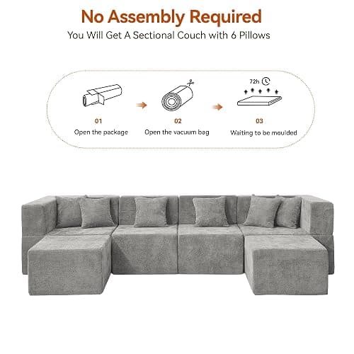 MONVANE Modular Sectional Cloud Couch for Living Room - 130'' 6 Seater Convertible Chenille Couches Set with Ottoman, No Assembly Compression Sofas, Comfy Floor Sofa with Memory Foam, Light Grey thumbnail 8