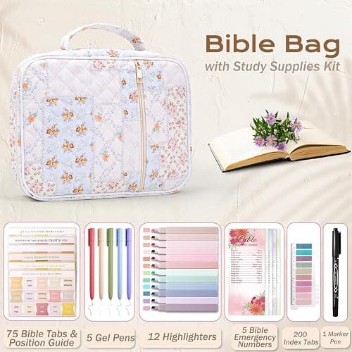 XKDOUS Bible Cover Case for Women Bible Bag Journaling Kit w/Study Supplies | Floral Patchwork Large Carrying Case w/Handle, Tabs, Pens, Quilted Church Book Holder Christian Gifts for Mom Lady thumbnail 4