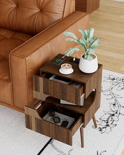 JOONEE Nightstand with Charging Station and LED Lights,Modern Bedside Table with 2 Storage Drawer,Night Stand with Solid Wood Legs,White (Walnut Brown) thumbnail 6