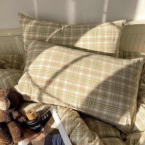 mixinni Queen Duvet Cover Set - 3 Piece Washed Cotton Vintage Geometric Plaid Bedding Set with Zipper Closure, Soft & Breathable Green Pink White Buffalo Check Pattern for All Seasons thumbnail 8