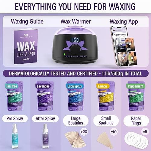 Tress Wellness Award Winning Waxing Kit for Sensitive Skin – Safe for Face & Skin, Easy to Use – At-Home Kit for Face, Bikini, Brazilian & Full Body - Digital Display, Black Purple Flower thumbnail 2