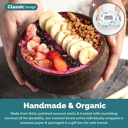 Jungle Culture 2 Polished Coconut Bowl and Wooden Spoons Set with Bamboo Straws • Natural Coconut Smoothie Bowls • Healthy Choice Coco Shell Acai & Buddha Bowls • Eco Friendly Vegan Gifts thumbnail 4
