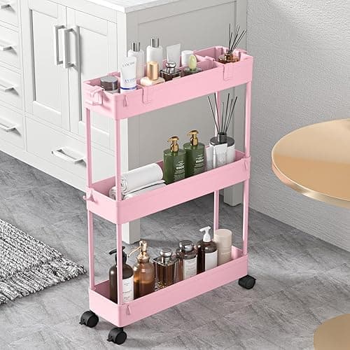 SPACELEAD Slim Storage Cart 3 Tier,Bathroom Organizer Rolling Utility,Mobile Shelving Unit Slide Out for Office, Kitchen, Laundry Room & Narrow Places,Pink - Pink - Image 1