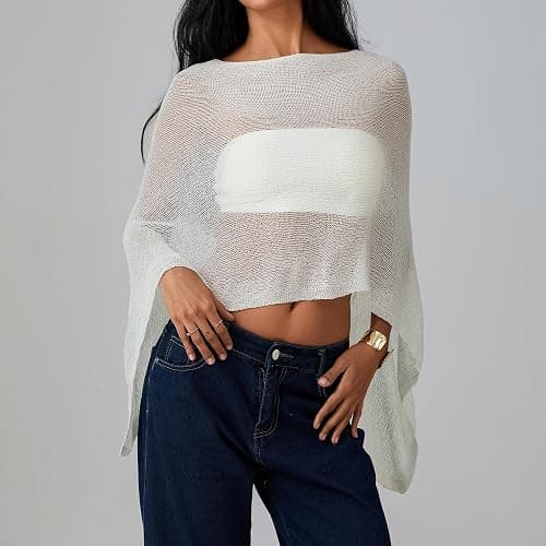 Women Sheer Poncho Top Knit Crochet Lightweight See Through Shawl Summer Shrug Beach Cover Up thumbnail 4