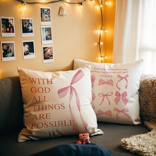 GTYNU Coquette Pink Bow Christian Throw Pillow Covers 18x18 Set of 2,Pink Bow Christian Room Bedroom Dorm Decor Aesthetic for College Teen Girls Gifts, Inspirational Bible Verses Bow Pillowcase（02） thumbnail 2