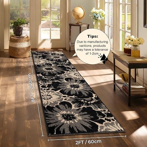 Findosom Hallway Runner Rug 2x8, Non Slip High-Low Textured Floral Washable Runner Rug with Rubber Backing, Boho Carpet Runner for Kitchen, Entryway, Bedroom, Laundry, Black & Beige thumbnail 2