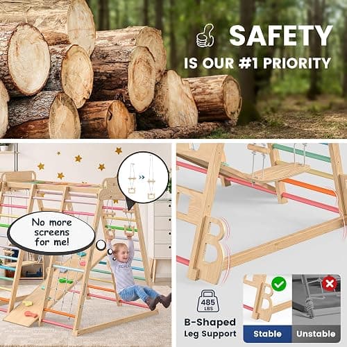 BlueWood Upgraded Indoor Jungle Gym 14-in-1 Playground Kids Climbing Toys | Waldorf Style Wooden Climber Playset with Slide, Swing, Monkey Bars, Upright/Rope Ladder, Climb Net, Colorful thumbnail 7