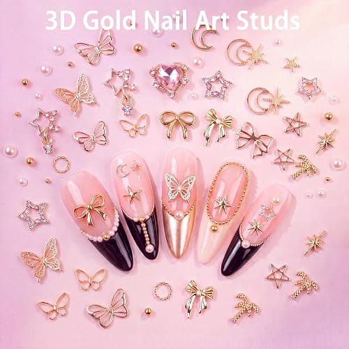 Rolybag 10000Pcs Nail Charms and Gems, Y2K 3D Charms Nail Rhinestones | Variety Bows Butterfly Flowers Moon Star Gold Pearls Metal Studs Nail Jewels with Wax Pen & Tweezers for DIY Nail Art Design thumbnail 5