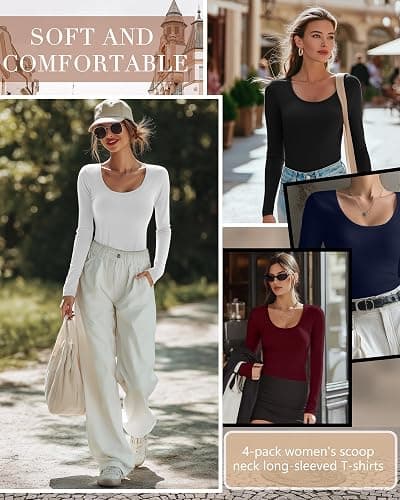 Ficerd 4 Pack Women's Scoop Neck Tops Long Sleeve Slim Fit T-Shirts Stretchy Tight Casual Plain Layering Shirts Tees thumbnail 6