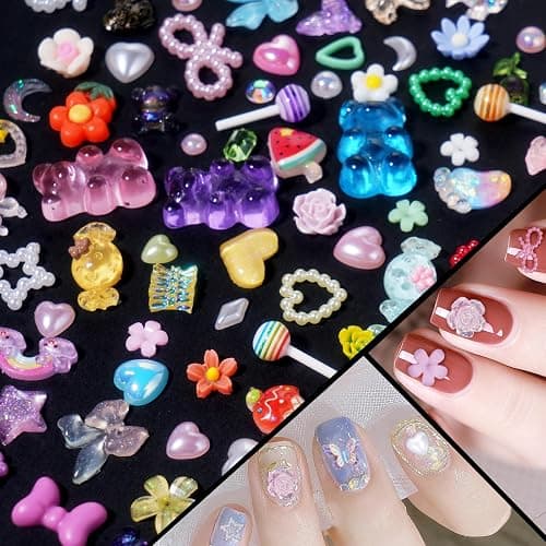 Multi 3D Mix Assorted Color Nail Charms Acrylic Flower Butterfly Bowknots Lollipop Candy Bear Cute Hollow Pearls Nail Charms Jewelry for Nail Art DIY Accessories thumbnail 5