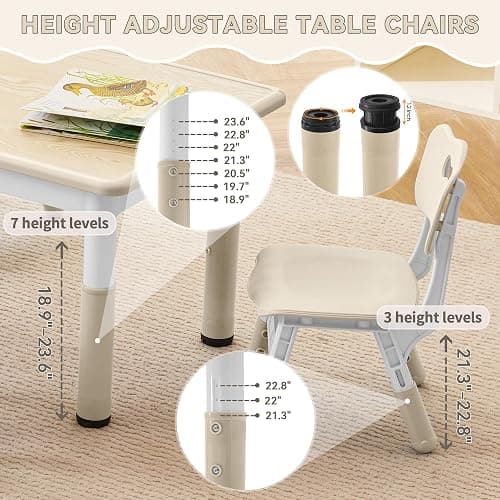 GITAWUSA Kids Study Table and Chairs Set, Height Adjustable Toddler Table and Chair Set for Kids Ages 3-8, 23.6" L x 23.6" W Graffiti Desktop Plastic Children Art Table with 2 Seats, Burlywood thumbnail 3