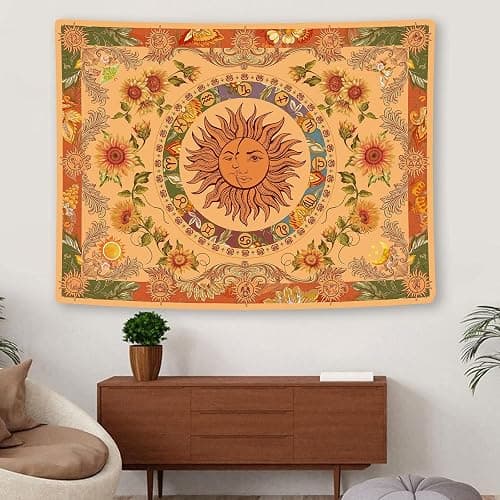 Accnicc Yellow Sun and Moon Tapestry Vintage Indie Boho Tapestry Wall Hanging with Sunflowers Butterfly Moth Constellation Aesthetic Wall Tapestries for Bedroom Dorm Living Room (Orange, 48'' × 36'') thumbnail 8