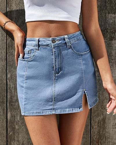 Vetinee Jean Skorts for Woman High Waisted Trendy Slit Stretchy Denim Skirt with Shorts Y2K Casual Summer Skorts Skirts - Medium - Blue Fog thumbnail 4