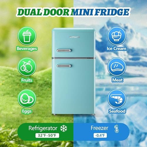 DEMULLER Small Refrigerator with Top Freezer 100Liter Retro Mini Fridge with Adjustable Glass Shelving, 7 Temperature Control and LED Lighting, Retro Mint Blue thumbnail 4