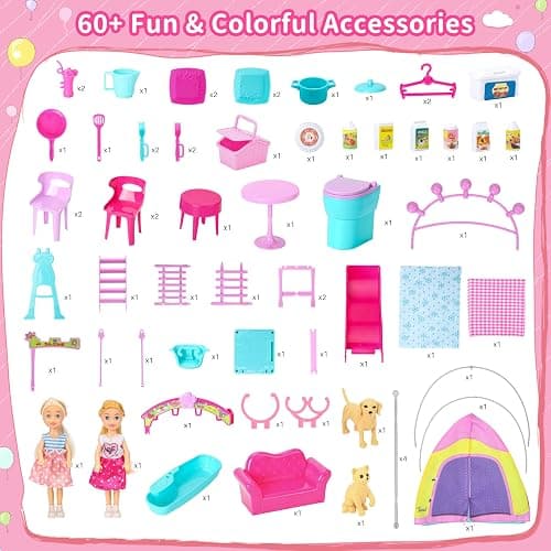 Style Shine Doll House Portable & Foldable Dollhouse w/ 60+ Pcs & 2 Dolls, Play House Toy with Bedroom Kitchen Furniture Camping Playset, Playhouse Gift for Girl Kid Toddler thumbnail 7