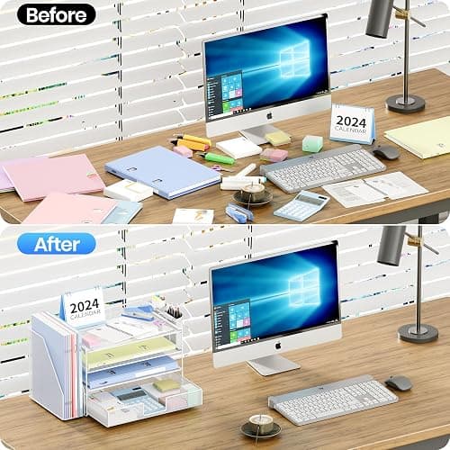OPNICE Desk Organizer and Accessories, 4-Tier Desktop File Organizer with Drawer and 2 Pen Holders, Office Desk Accessories, File Sorters, Workspace Organizers for Office Supplies(White) thumbnail 5