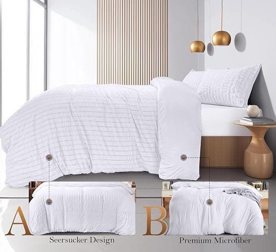 Utopia Bedding Seersucker Duvet Cover Set - Duvet Cover Double with Pillowcases - Soft Microfibre Polyester Seersucker Bedding (White) thumbnail 6