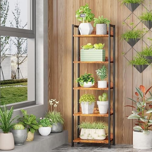 Furologee 5 Tier Bookshelf with Drawer, Tall Narrow Bookcase with Shelves, Wood and Metal Bookshelves Storage Organizer, Industrial Display Standing Shelf Unit for Bedroom, Living Room, Rustic Brown thumbnail 7