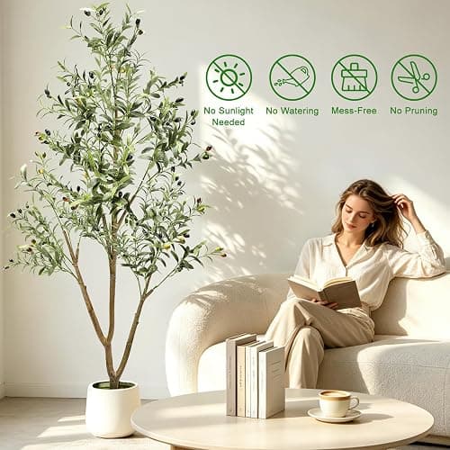 6FT Artificial Olive Tree with Lights & Planter, Realistic Faux Olive Plant | Realistic Silk Olive Tree For Living Room & Home Office, With Lifelike Fruits, Warm Lights, Planter & Natural Decor Design thumbnail 4