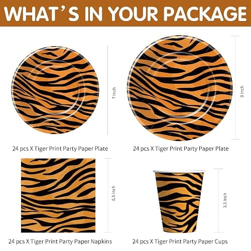 Xenorik Tiger Print Birthday Party Supplies Decorations Tableware Serves 24 | Safari Jungle Texture Theme Tiger Animal Print Party Decorations, Disposable Paper Plate, Cup, Napkin, Cutlery, Tablecloth thumbnail 3