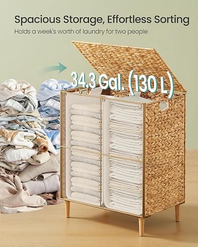 SONGMICS Laundry Hamper 2 Sections, 34.3 Gal. (130 L) Handwoven Water Hyacinth Wicker Laundry Basket with Lid, Natural Material, Removable Machine Washable Liners, Handles, Natural ULCB202Y01 thumbnail 4