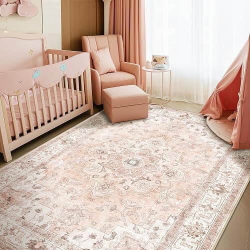 CAPALOCA Machine Washable 5x7 Area Rugs for Living Room Vintage Carpet Non Slip Low Pile Water Repellent Soft Print Pattern for Bedroom Indoor Decor Polyester Rug Pink - Pink - 5x7 - Image 1