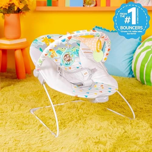 Bright Starts Baby Bouncer Soothing Vibrations Infant Seat - Removable -Toy Bar, Nonslip Feet, 0-6 Months Up to 20 lbs (Safari Fun) thumbnail 3