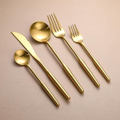 Matte Gold Silverware Set for 4,Zerophilo 20 Piece Forks and Spoons 18/10 Stainless Steel Titanium Plated Cutlery Set Metal Flatware Set, Dishwasher Safe (gold 20 pieces) - gold 20 pieces thumbnail 7