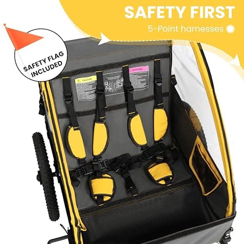 Sepnine Kids Bike Trailer, Suitable for 1 to 2 Kids, 12+ Months, Quick Attach to Bike, Foldable, with 5-Point Harness and Storage Bags - BT609-Yellow - Double Seat thumbnail 5