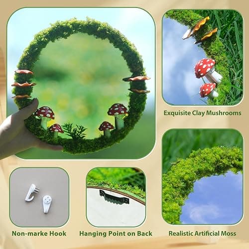 EVOLUX Wall Mirror Mushroom Decor Handmade Moss Round Hanging Mirror Cottage Core Wall Decor Room Decor Aesthetic(11'') Green,70-MGJ thumbnail 4