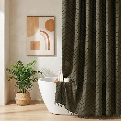 Siiluminisoy Long Shower Curtain Olive Green Boho Shower Curtain with Tassel for Bathroom, 72 x 78 Woven Fabric Modern Textured Tufted Chevron Striped, Machine Washable thumbnail 9