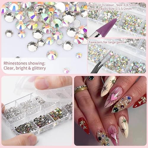 EARLMONI 5200PCS Nail Gems and Charms, AB Crystal Nail Rhinestones with Flatback Nail Pearls, Pick Up Tweezers, Rhinestone Picker Tool, Flat Back Nail Gems for Nail Art, Clothes, Face, Craft thumbnail 3