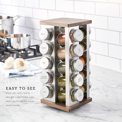 Kamenstein 20 Jar Vintage Revolving Countertop Spice Rack Organizer with Spices Included, FREE Spice Refills for 5 Years, Wood and Stainless Steel with Metal Caps thumbnail 5