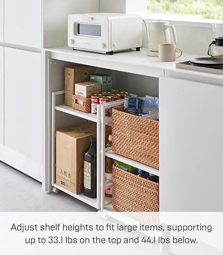 YAMAZAKI Home Tower Wheeled Wagon Cart with Adjustable Shelves and Hooks - Rolling Concealed Organization for Food, Pet Supplies, Or School Supplies, 24" - Steel - thumbnail 6