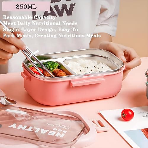 Ausenzup Stainless Steel Lunch Box, 2 Compartment Bento Box for Adults, Easy to Clean, Leak-Proof Design, Food Storage Container with Tableware for Family, Work, Picnics and Travel(850ml, Green) thumbnail 8