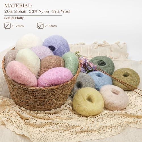 NICEEC 2 Skeins Soft Mohair Yarn, Fluffy & Fuzzy, Luxurious & Thin, Slik Wool Blend Yarn for Crochet & Knitting, Total 0.71oz×2, 328yds×2 - Beige thumbnail 3