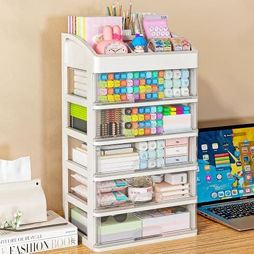 Desk Organizer with Drawers, 5 Drawers Storage Organizer, Desktop Storage Drawers for Office Supplies, Plastic Stationary Organizer, Makeup Organizer, Desk Storage Box for Office, School, Home thumbnail 5