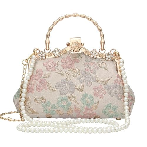 YeBon Retro Shoulder Chain Messenger Clutch Chinese Style Crane Embroidered Jacquard Women's Evening Bags (Golden Pink Flower) - K Pink Flower - Image 1