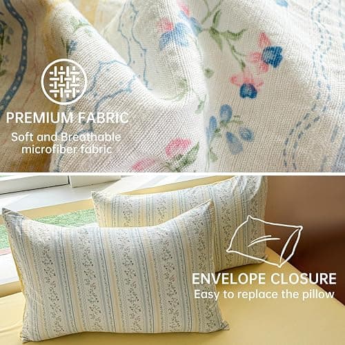 BOLINLIVING Vintage Floral Duvet Cover Twin Size,Kids Girls Blue Striped Flower Duvet Cover Set with Pillowcase, Soft Microfiber Bedding Set for All Season with Zipper Closure and 8 Corner Ties thumbnail 5