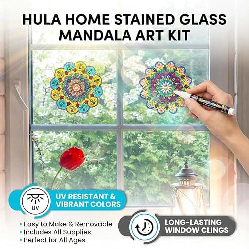 Hula Home Stained Glass Mandala Art Kit - DIY Window Clings with Markers, 10 Suncatchers - Perfect Hobby for Adults, Kids, Teens & Seniors - Ideal Gift for Beginners, Women & Elderly thumbnail 6