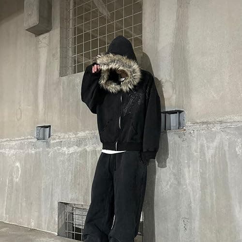 RICHTRUE Therian Fur Hood Jacket Y2k Goth Zip Up Hoodie Oversized Graphic Sweatshirt Emo Grunge Streetwear Fall Winter 2025 thumbnail 2