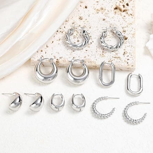 6 Pairs 14K Gold Plated Hoop Earrings for Women Lightweight Chunky Hoop Earrings Multipack Hypoallergenic, Thick Open Twisted Huggie Hoops Earring Set Jewelry for Gifts. thumbnail 4