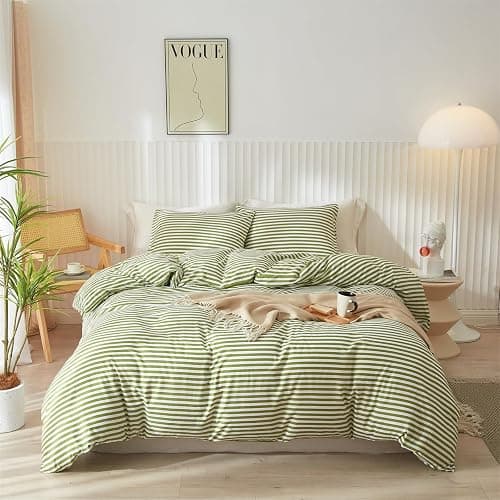 mixinni Striped Comforter Set Twin XL Size - Green White Stripes Pattern Bed Set for All Season, 3 Pieces Lightweight Bedding Comforter Sets for All Seasons (1 Soft Fluffy Comforter + 2 Pillowcases) thumbnail 2