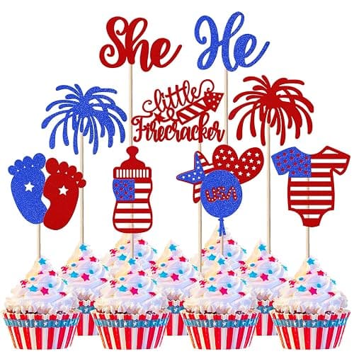 Rsstarxi 36 Pack 4th of July Gender Reveal Cupcake Toppers with Little Firecracker Independence Day Cupcake Picks for Happy Independence Day Gender Reveal Theme Party Cake Decorations - Image 1