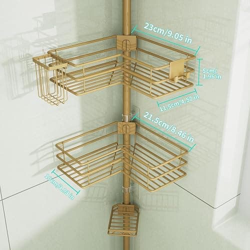 HapiRm Corner Shower Caddy Organizer - Shower Organizer Corner with Soap Holder, Toothbrush Holder and 4 Hooks, Rustproof Bathroom Shelf Tension Pole Available for 27.6 to 108.3 Inch - Gold thumbnail 2